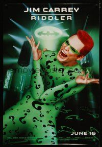 5y072 BATMAN FOREVER advance 1sh '95 cool image of Jim Carrey as The Riddler!