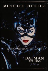 5y076 BATMAN RETURNS dated teaser 1sh '92 sexy Michelle Pfeiffer as Catwoman, Tim Burton!