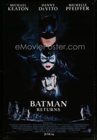 5y079 BATMAN RETURNS white date advance 1sh '92 Michael Keaton, Danny DeVito, Michelle Pfeiffer!