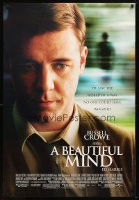 5y088 BEAUTIFUL MIND DS 1sh '01 Ron Howard directed, great close up image of Russell Crowe!