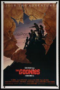 5y336 GOONIES 1sh '85 Josh Brolin, teen adventure classic, cool treasure map style!