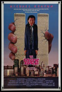 5y696 SQUEEZE 1sh '87 wacky image of giant Michael Keaton being crushed by Twin Towers!