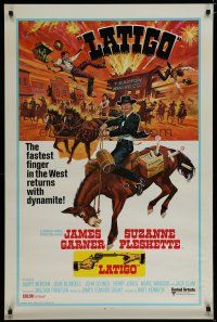 5y730 SUPPORT YOUR LOCAL GUNFIGHTER int'l 1sh '71 Latigo, art of cowboy James Garner on donkey!