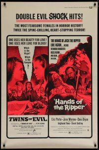 5y777 TWINS OF EVIL/HANDS OF THE RIPPER 1sh '72 fearsome females, Hammer horror double-feature!