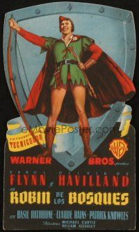 5z006 ADVENTURES OF ROBIN HOOD die-cut Spanish herald '48 best art of Errol Flynn with bow & arrow!