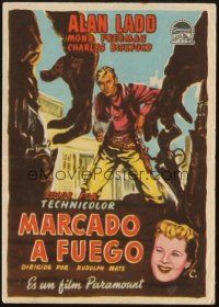 5z039 BRANDED Spanish herald '50 great artwork image of tough cowboy Alan Ladd with gun in hand!