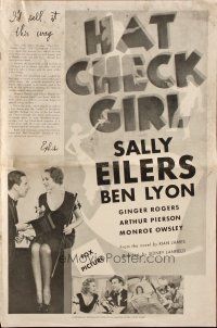 5z613 HAT CHECK GIRL pressbook '32 Sally Eilers, Ben Lyon & sexy young Ginger Rogers!
