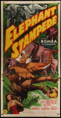 6a463 ELEPHANT STAMPEDE 3sh '51 Johnny Sheffield as Bomba the Jungle Boy, cool elephant art!