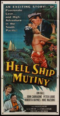 6a498 HELL SHIP MUTINY 3sh '57 Jon Hall kisses tropical beauty, John Carradine, Peter Lorre