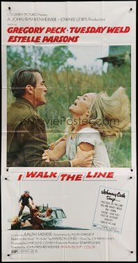 6a513 I WALK THE LINE 3sh '70 c/u of Gregory Peck grabbing Tuesday Weld, John Frankenheimer