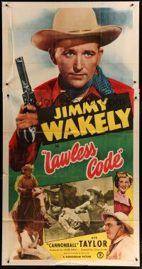 6a530 LAWLESS CODE 3sh '49 great close up of cowboy Jimmy Wakely holding gun & riding horse!