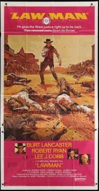 6a531 LAWMAN int'l 3sh '71 McCarthy art of cowboy Burt Lancaster, directed by Michael Winner!