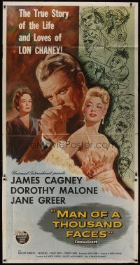 6a556 MAN OF A THOUSAND FACES 3sh '57 art of James Cagney as Lon Chaney Sr. by Reynold Brown!