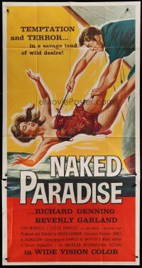 6a567 NAKED PARADISE 3sh '57 art of super sexy falling Beverly Garland caught by hook!