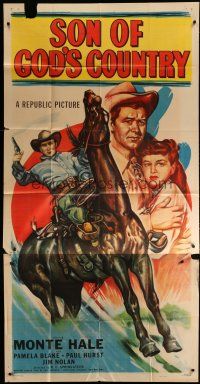 6a635 SON OF GOD'S COUNTRY 3sh '48 art of Monte Hale on horse with gun & protecting Pamela Blake!