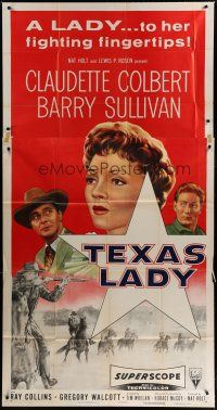 6a651 TEXAS LADY 3sh '55 great close up art of Claudette Colbert, cowboy Barry Sullivan!