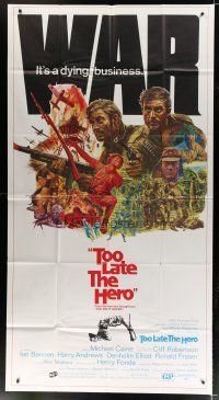 6a662 TOO LATE THE HERO 3sh '70 Robert Aldrich, cool art of Michael Caine & Cliff Robertson, WWII!