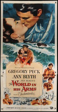 6a679 WORLD IN HIS ARMS 3sh '52 art of Gregory Peck & Ann Blyth, from Rex Beach novel!