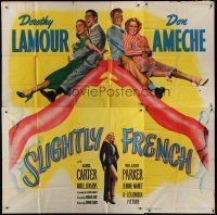 6a389 SLIGHTLY FRENCH 6sh '48 pretty Dorothy Lamour & Don Ameche sitting on giant sexy leg!