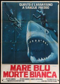 6a711 BLUE WATER, WHITE DEATH Italian 1p '72 art of blue shark & divers by Fiorenzi!