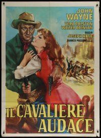 6a740 DAKOTA Italian 1p R62 different art of John Wayne with guns & pretty Vera Ralston on horse!