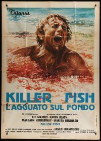6a843 KILLER FISH Italian 1p '79 wild artwork of guy being eaten alive by piranhas!
