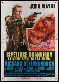 6a023 BRANNIGAN Italian 2p '75 cool different art of detective John Wayne pointing gun!