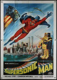 6a170 SUPERSONIC MAN Italian 2p '79 wacky Tino Avelli superhero art with giant robot in NYC!
