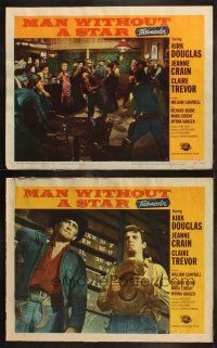 6b933 MAN WITHOUT A STAR 2 LCs '56 images of Kirk Douglas & Claire Trevor, Campbell, bar gunfight!
