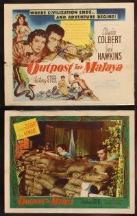 6b344 OUTPOST IN MALAYA 8 LCs '52 Claudette Colbert & Jack Hawkins where civilization ends!