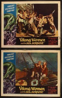 6b838 VIKING WOMEN & THE SEA SERPENT 3 LCs '58 Abby Dalton, art of female warriors attacked on ship!