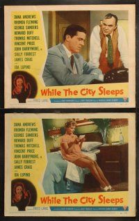 6b565 WHILE THE CITY SLEEPS 8 LCs '56 Fritz Lang noir, Vincent Price, Rhonda Fleming!
