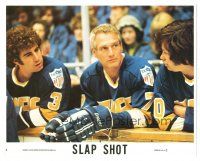 6c032 SLAP SHOT 8x10 mini LC #4 '77 great close up of hockey player Paul Newman in the box!