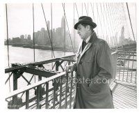 6c926 TWO FOR THE SEESAW 7.5x9.5 still '62 c/u of Robert Mitchum in trenchcoat on bridge!