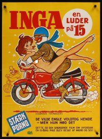 6d333 CURIOUS TEENAGER Danish '72 wacky art of naked girl riding backwards on motorcycle!