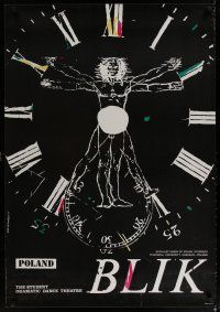 6d090 BLIK stage play English Polish 27x38 '79 Ewa Szymanska art of Vitruvian Man in clock!