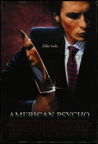 6e050 AMERICAN PSYCHO 1sh '00 image of psychotic yuppie killer Christian Bale, from Ellis novel!