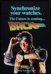 6e067 BACK TO THE FUTURE II teaser DS 1sh '89 Michael J. Fox as Marty, synchronize your watch!