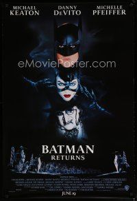 6e090 BATMAN RETURNS white date advance DS 1sh '92 Michael Keaton, Danny DeVito, Michelle Pfeiffer!
