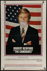 6e158 CANDIDATE 1sh '72 great image of candidate Robert Redford blowing a bubble!