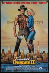 6e207 CROCODILE DUNDEE II 1sh '88 great art of Paul Hogan & Linda Kozlowski over NY by Goozee!