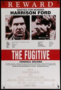 6e322 FUGITIVE recalled int'l 1sh '93 Harrison Ford is on the run, cool wanted poster!
