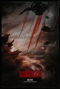 6e339 GODZILLA teaser DS 1sh '14 image of soldiers parachuting over monster & burning city!