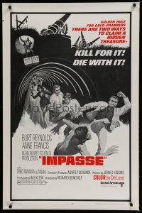 6e433 IMPASSE 1sh R70s cool action art of Burt Reynolds kicking thug in the face, Anne Francis!