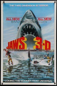 6e456 JAWS 3-D advance 1sh '83 great Gary Meyer shark artwork, the third dimension is terror!