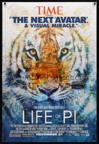6e495 LIFE OF PI style B advance DS 1sh '12 Suraj Sharma, Irrfan Khan, cool collage image of tiger!