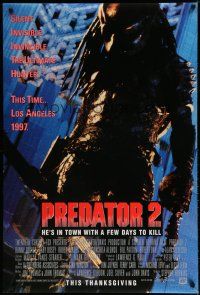 6e617 PREDATOR 2 advance DS 1sh '90 great full-length artwork of alien hunter in L.A.!