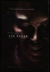 6e623 PURGE May teaser DS 1sh '13 one night a year, all crime is legal, creepy close-up of mask!