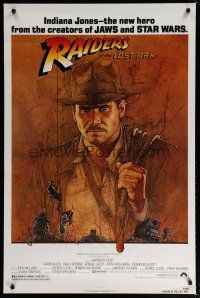 6e629 RAIDERS OF THE LOST ARK 1sh '81 great art of adventurer Harrison Ford by Richard Amsel!