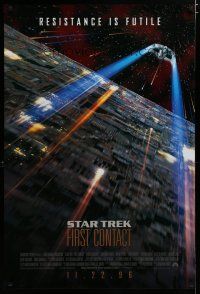 6e725 STAR TREK: FIRST CONTACT int'l advance 1sh '96 sci-fi, starship Enterprise above Borg cube!
